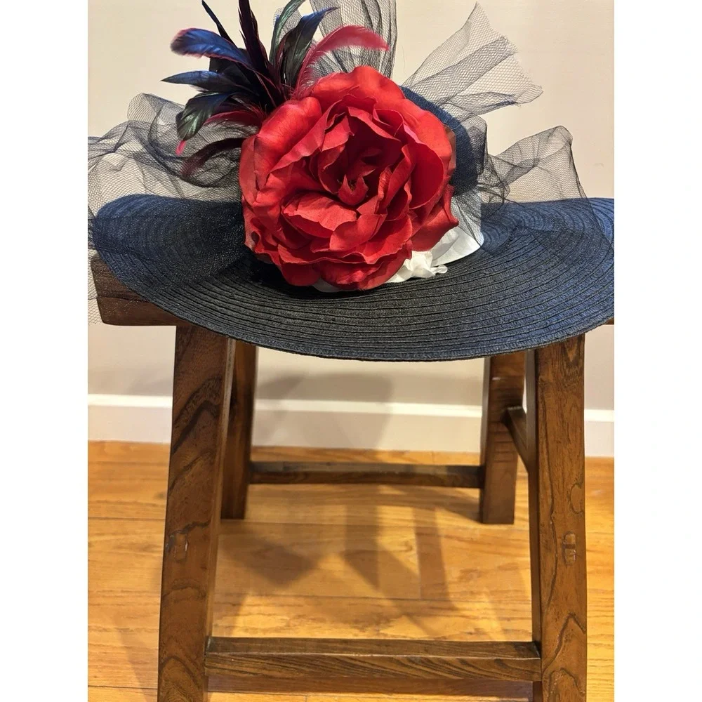 Ralph Lauren Black straw hat with feathers and Red flowers English Wedding